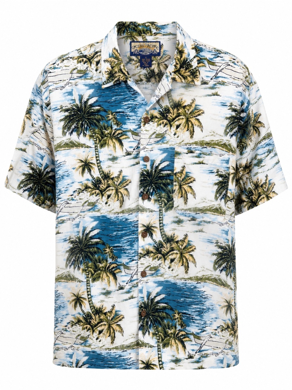 Vintage 90s Ocean Pacific Hawaiian Shirt Large L Palm Tree Canoe Coconut Buttons